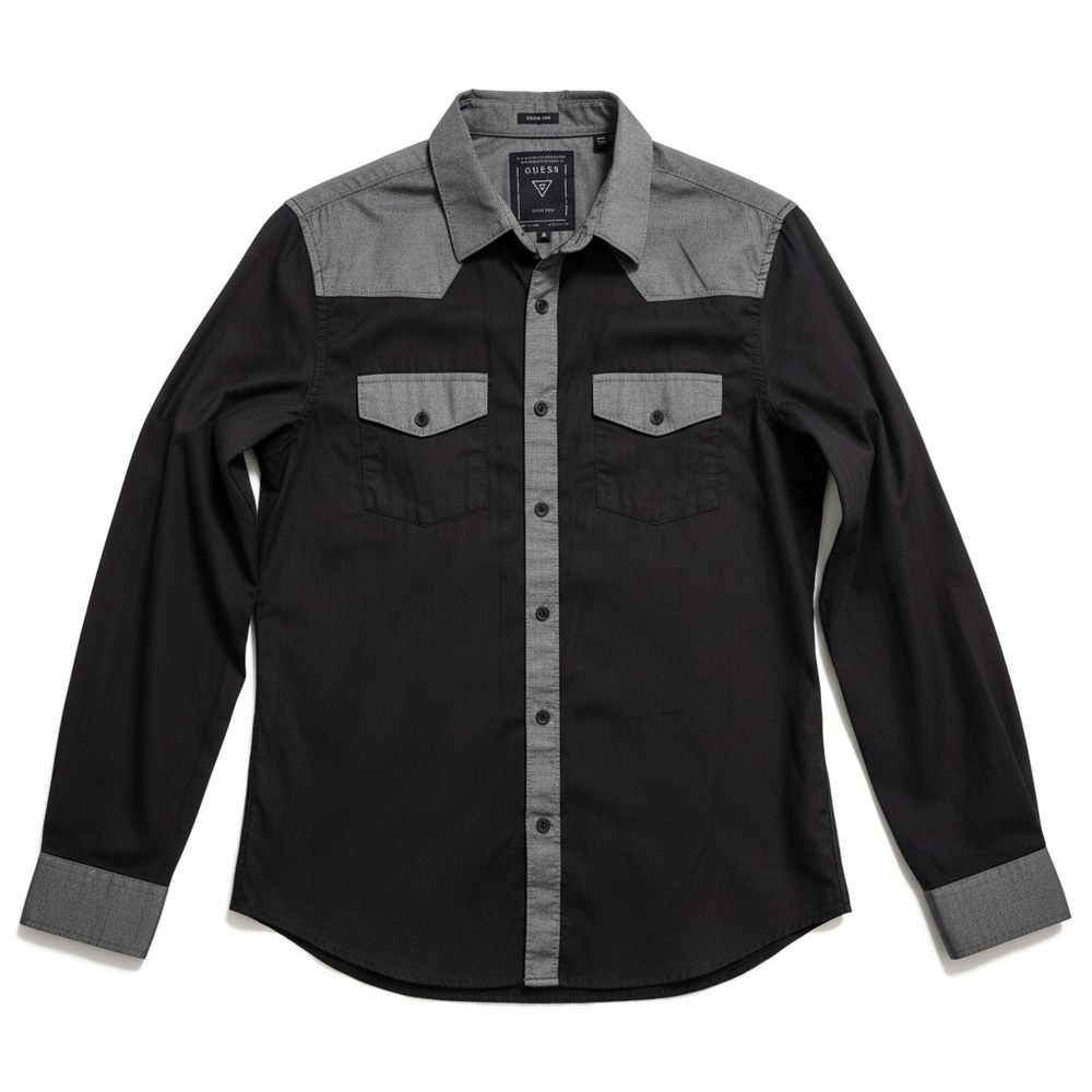 GUESS Men’s Slim Fit Black Charcoal Button Down Dress Shirt Small 16 Neck